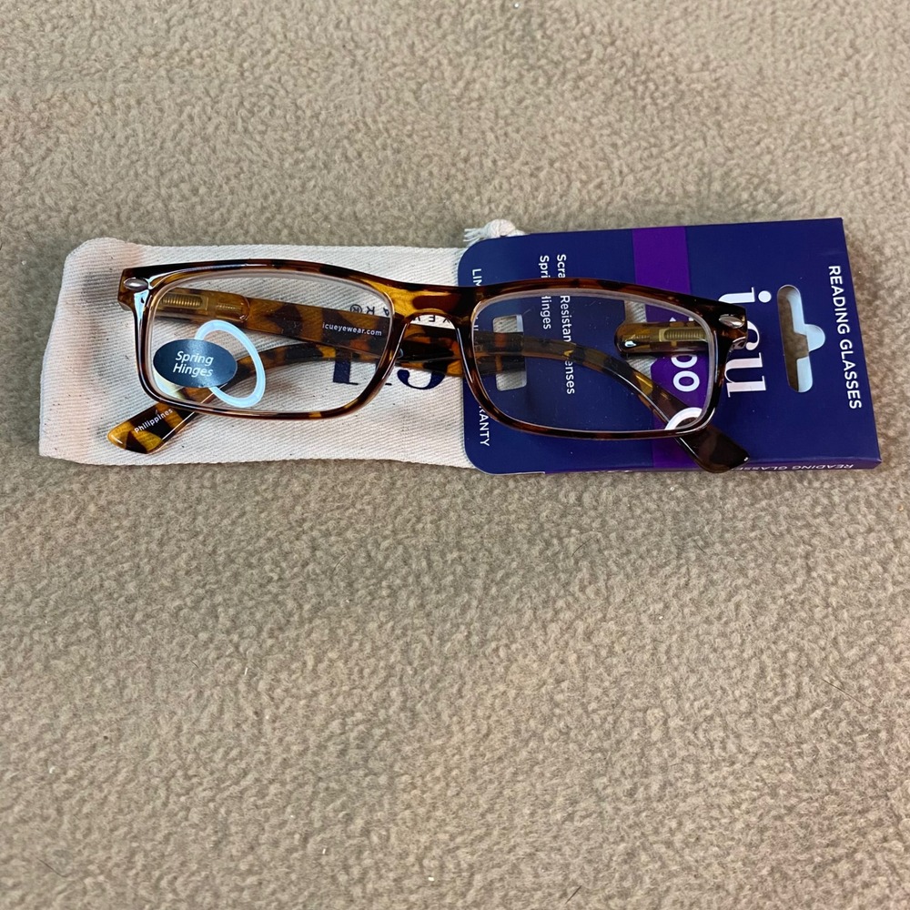 icu Reading Glasses Tortoise Shell +300 Spring Hinges with Pouch Magnifying NWT‎